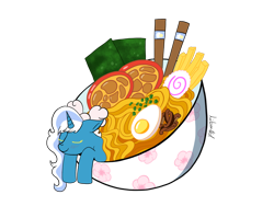 Size: 1280x960 | Tagged: safe, artist:libertad10, oc, oc only, oc:fleurbelle, alicorn, pony, alicorn oc, bow, bowl, chopsticks, egg, eyes closed, female, food, hair bow, horn, mare, noodles, seaweed, simple background, smiling, solo, transparent background, wings