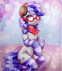 Size: 2000x2300 | Tagged: safe, artist:zefirka, oc, oc only, oc:cinnabyte, earth pony, semi-anthro, g4, adorkable, arm hooves, bandana, cinnabetes, clothes, commission, cute, dork, female, glasses, headset, high res, kneeling, mare, meganekko, smiling, socks, solo, stockings, striped socks, thigh highs, your character here