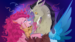 Size: 2019x1152 | Tagged: safe, artist:bunnari, discord, pinkie pie, draconequus, earth pony, pony, g4, bust, eye contact, female, floppy ears, looking at each other, male, mare, messy mane, profile, ship:discopie, shipping, smiling, spread wings, straight, unshorn fetlocks, wings