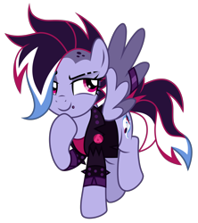 Size: 3470x3900 | Tagged: safe, artist:binakolombina, oc, oc only, oc:brie spacer, pegasus, pony, clothes, female, flying, high res, jacket, leather jacket, lip piercing, mare, multicolored hair, piercing, raised hoof, ring, rocker, shirt, simple background, solo, t-shirt, thinking, transparent background