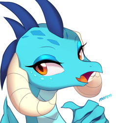 Size: 2400x2533 | Tagged: safe, artist:maren, princess ember, dragon, g4, dragoness, female, happy, high res, horn, looking at you, looking back, looking back at you, pointing at self, simple background, smiling, solo, white background, wings