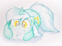 Size: 4032x3024 | Tagged: safe, artist:papersurgery, lyra heartstrings, pony, unicorn, g4, cute, female, looking down, lyrabetes, mare, sitting, solo, traditional art, watercolor painting