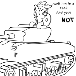 Size: 2500x2500 | Tagged: safe, artist:pizzamovies, oc, oc only, oc:pizzamovies, earth pony, pony, black and white, grammar error, grayscale, high res, m4 sherman, male, monochrome, sherman (tank), simple background, solo, tank (vehicle), white background