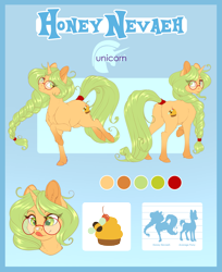 Size: 2481x3047 | Tagged: safe, artist:silkensaddle, oc, oc:honey nevaeh, pony, unicorn, braid, commission, cutie mark, glasses, hair tie, high res, horn, looking back, reference sheet, tail wrap, tongue out