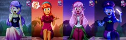 Size: 3248x1024 | Tagged: safe, artist:the-butch-x, edit, editor:thomasfan45, orange sunrise, raspberry lilac, snow flower, space camp, human, equestria girls, equestria girls specials, g4, let it rain, my little pony equestria girls: better together, my little pony equestria girls: sunset's backstage pass, adorasexy, background human, beanie, bench, blouse, breasts, busty snow flower, butch's hello, clothes, cute, description is relevant, dress, equestria girls logo, female, forest, glowstick, hand on face, happy, hat, jewelry, kneesocks, legs, looking at you, necklace, night, open mouth, outdoors, rain, sexy, shirt, shorts, shrugging, signature, sitting, skirt, smiling, socks, starswirl music festival, sunset, t-shirt, tank top, tree, waving, wristband