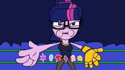 Size: 1254x708 | Tagged: safe, artist:logan jones, sci-twi, twilight sparkle, equestria girls, g4, beatboxing, boxing ring, cartoon beatbox battles, clothes, cosplay, costume, element of generosity, element of honesty, element of kindness, element of laughter, element of loyalty, element of magic, elements of harmony, female, glasses, infinity gauntlet, meme, puffy cheeks, scratch it, thanos, thanos beatboxing meme, verbalase