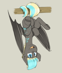 Size: 800x950 | Tagged: safe, artist:sinrar, oc, oc only, oc:myri, bat pony, pony, folded wings, hanging, hanging upside down, looking at you, simple background, smiling, solo, tan background, upside down, wings