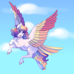 Size: 2200x2200 | Tagged: safe, artist:uunicornicc, oc, oc only, oc:fruit loop, pegasus, pony, colored wings, female, flying, high res, mare, multicolored wings, solo, tail feathers, wings