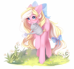 Size: 1823x1700 | Tagged: safe, artist:purrshen, artist:purshen, oc, oc only, oc:bay breeze, pegasus, pony, blushing, bow, cottagecore, cute, female, flower, hair bow, mare, mouth hold, raised hoof, simple background, solo, tail, tail bow, watering, watering can, white background