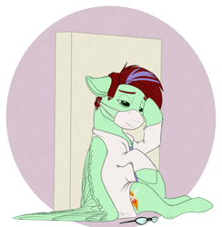 Size: 2341x2400 | Tagged: safe, artist:voltage-art, oc, oc only, oc:ember heartshine, pegasus, pony, clothes, coronavirus, covid-19, damn corona, doctor, exhausted, face mask, floppy ears, glasses, glasses off, high res, lab coat, lidded eyes, looking down, ppe, scrubs (gear), simple background, sitting, solo, spread wings, thousand yard stare, three quarter view, tired, transparent background, wings, wings down