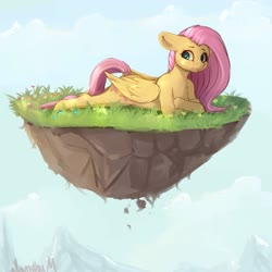 Size: 4000x4000 | Tagged: safe, artist:miokomata, fluttershy, pegasus, semi-anthro, g4, arm hooves, chest fluff, cloud, crossed hooves, dirt cube, dock, female, floating island, floppy ears, folded wings, freckles, freckleshy, grass, human shoulders, looking back, looking sideways, mare, mountain, prone, signature, solo, wings