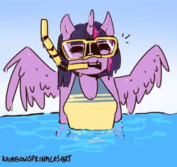 Size: 2000x1885 | Tagged: safe, artist:rainbowsprinklesart, twilight sparkle, alicorn, anthro, g4, bust, clothes, cute, dive mask, eyes closed, female, mare, one-piece swimsuit, signature, snorkel, solo, swimming, swimsuit, twiabetes, twilight sparkle (alicorn), wet, wet mane