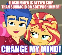 Size: 1080x960 | Tagged: safe, edit, edited screencap, screencap, flash sentry, sunset shimmer, cheer you on, equestria girls, g4, spoiler:eqg series (season 2), caption, cropped, female, image macro, implied lesbian, implied scitwishimmer, implied shipping, implied sunsagio, male, op is a duck, op is trying to start shit, ship:flashimmer, shipping, straight, text