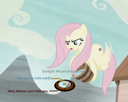 Size: 750x600 | Tagged: safe, edit, edited screencap, editor:korora, screencap, fluttershy, g4, the cutie map, angry, bucket, cropped, dialogue wheel, equalized, implied starlight glimmer, mass effect, our town, water