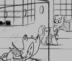Size: 700x600 | Tagged: safe, artist:sirvalter, oc, oc only, oc:paddock wild, changeling, earth pony, pony, fanfic:steyblridge chronicle, black and white, clothes, fanfic, fanfic art, grayscale, hooves, illustration, lab coat, male, monochrome, research institute, scientist, stallion, vivarium, zoologist