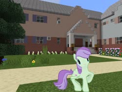 Size: 2048x1536 | Tagged: safe, artist:topsangtheman, gameloft, violet twirl, pegasus, pony, g4, friendship student, garden, house, looking at you, minecraft, photoshopped into minecraft, tall grass, tree