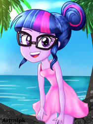 Size: 1536x2048 | Tagged: safe, artist:artmlpk, sci-twi, twilight sparkle, equestria girls, g4, adorable face, adorkable, bare shoulders, beach, beach dress, beautiful, clothes, cute, digital art, dork, dress, fashion, female, glasses, hair bun, light rays, looking at you, meganekko, open mouth, outfit, palm tree, pink dress, rock, scenery, smiling, smiling at you, solo, summer, summer dress, sundress, topless, tree, tropical, twiabetes, vacation, water