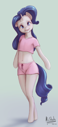 Size: 596x1312 | Tagged: safe, artist:mrstrats, rarity, unicorn, semi-anthro, g4, arm hooves, belly button, clothes, female, gradient background, looking at you, mare, midriff, pajamas, solo, standing