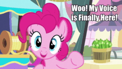 Size: 1280x720 | Tagged: safe, ai assisted, ai content, edit, edited screencap, fifteen.ai, screencap, pinkie pie, g4, pinkie pride, ai voice, aivo, avo, caption, image macro, looking at you, smiling, sound, text, webm