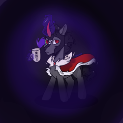 Size: 1080x1080 | Tagged: safe, artist:bbluna, king sombra, pony, unicorn, g4, black background, chinese, cup, simple background