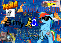 Size: 1020x720 | Tagged: safe, rainbow dash, alien, pegasus, pony, g4, 1000 years in photoshop, april fools 2020, baseball cap, cap, computer, fire, graphic design is my passion, hat, meme, shitposting, sunglasses, word art