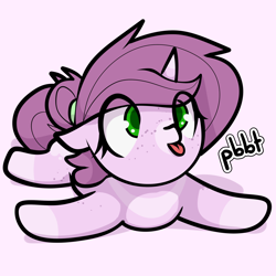 Size: 2316x2316 | Tagged: safe, artist:biepbot, oc, oc only, oc:mulberry tart, pony, unicorn, cute, female, filly, high res, horn, prone, raspberry noise, sploot, tongue out