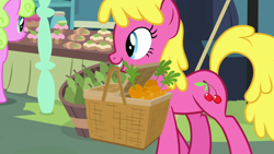Size: 1920x1080 | Tagged: safe, screencap, cherry berry, daisy, flower wishes, earth pony, pony, g4, she talks to angel, background pony, basket, carrot, cherrybetes, cute, female, food, mare, mouth hold, pear, wrong eye color