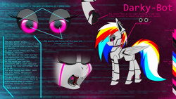 Size: 1920x1080 | Tagged: safe, artist:darky_wings, oc, oc only, oc:darky-bot, pegasus, pony, robot, robot pony, black sclera, fangs, female, glowing eyes, led, multicolored hair, neon, open mouth, pink eyes, reference sheet, underhoof