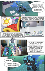 Size: 1800x2812 | Tagged: safe, artist:candyclumsy, nightmare moon, princess celestia, alicorn, pony, comic:attempted sorroricide, g4, anvil, bipedal, comic, female, fencing, filly, kneeling, nightmare woon, pin