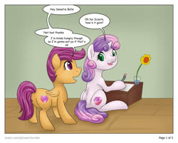 Size: 1229x987 | Tagged: safe, artist:hunnter, scootaloo, sweetie belle, pegasus, pony, unicorn, comic:scoots grabs a snack, g4, butt, casual vore, dialogue, female, filly, imminent vore, plot, scootapred, sweetieprey