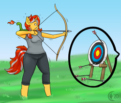 Size: 1949x1663 | Tagged: safe, artist:chocend, oc, oc only, oc:cinderheart, snake, unicorn, anthro, unguligrade anthro, archery, arrow, bow, cheering, clothes, commission, female, flag, grass, gritted teeth, practice, shading, shirt, sky, solo, sweat, t-shirt, target, trembling