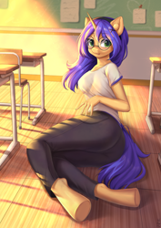Size: 2894x4093 | Tagged: safe, alternate version, artist:hikerumin, oc, oc only, oc:logical leap, unicorn, anthro, unguligrade anthro, anthro oc, clothes, desk, female, glasses, hairband, mare, pants, school, shirt, solo, sunlight, t-shirt, ych result