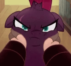 Size: 310x288 | Tagged: safe, edit, edited screencap, screencap, tempest shadow, verko, pony, unicorn, my little pony: the movie, animated, broken horn, cheekpest shadow, cropped, cute, eye scar, female, gif, horn, looking at you, offscreen character, out of context, scar, speed up, squishy cheeks, tempest shadow is not amused, tempestbetes, tempting fate, this will end in death, this will end in electrocution, this will end in pain, this will end in tears, this will end in tears and/or death, too dumb to live, unamused
