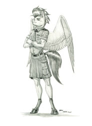 Size: 1000x1362 | Tagged: safe, artist:baron engel, soarin', pegasus, anthro, unguligrade anthro, g4, clothes, grayscale, kilt, male, monochrome, pencil drawing, simple background, solo, story included, traditional art, uniform, white background