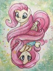 Size: 800x1067 | Tagged: safe, artist:astevenamedwolf, fluttershy, human, pegasus, pony, equestria girls, g4, abstract background, duo, female, folded wings, human ponidox, mare, self ponidox, smiling, traditional art, upside down, watercolor painting, wings
