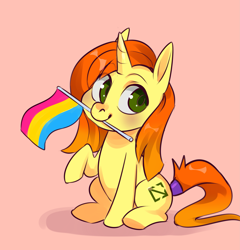 Size: 3807x3959 | Tagged: safe, artist:corelle-vairel, part of a set, oc, oc only, pony, unicorn, female, high res, mare, mouth hold, pansexual pride flag, pride, pride flag, solo, ych result