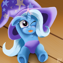 Size: 1500x1500 | Tagged: safe, artist:jphyperx, trixie, pony, unicorn, g4, chest fluff, clothes, female, filly, filly trixie, hat, one eye closed, raspberry, solo, tongue out, trixie's hat, underhoof, wink, younger