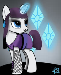 Size: 705x872 | Tagged: safe, artist:8l4ck0u7, rarity, pony, unicorn, g4, alternate hairstyle, clothes, ear piercing, earring, eyeshadow, female, fishnet clothing, goth, jewelry, lipstick, makeup, mare, necklace, nose piercing, nose ring, piercing, shirt, shorts, solo, t-shirt