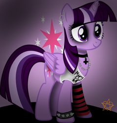Size: 2948x3093 | Tagged: safe, artist:8l4ck0u7, twilight sparkle, alicorn, pony, g4, chains, clothes, collar, cross, ear piercing, earring, emo, emo twilight, eyeshadow, female, high res, horn, horn piercing, jewelry, makeup, mare, my chemical romance, piercing, smiling, socks, solo, spiked wristband, striped socks, tank top, twilight sparkle (alicorn), wristband