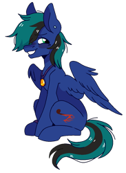 Size: 732x1000 | Tagged: safe, artist:rymdsten, oc, oc only, oc:ender, pegasus, pony, blushing, confident, ear piercing, earring, grin, jewelry, looking back, male, necklace, piercing, simple background, sitting, smiling, solo, spread wings, stallion, transparent background, wings