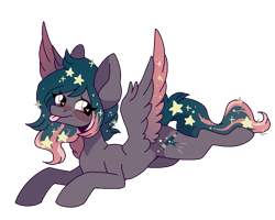 Size: 1000x799 | Tagged: safe, artist:rymdsten, oc, oc only, oc:star universe, pony, adorable face, blushing, cute, ethereal mane, ethereal wings, female, looking at you, mare, mlem, prone, silly, silly face, silly pony, simple background, solo, spread wings, tongue out, transparent background, wings