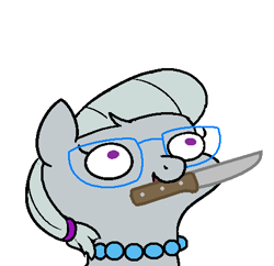 Size: 455x441 | Tagged: safe, artist:darkdoomer, derpibooru exclusive, silver spoon, earth pony, pony, g4, april fools 2020, female, knife, ms paint, pixel-crisp art, simple background, solo, squatpony, white background
