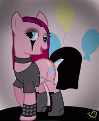 Size: 2297x2819 | Tagged: safe, artist:8l4ck0u7, pinkie pie, earth pony, pony, g4, alternate hairstyle, boots, chains, clothes, eyeshadow, female, high res, makeup, mare, metalhead, open mouth, pinkamena diane pie, raised hoof, shirt, shoes, solo, studded bracelet, t-shirt