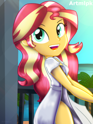 Size: 1536x2048 | Tagged: safe, artist:artmlpk, sunset shimmer, equestria girls, g4, adorable face, balcony, beach, beach view, beautiful, clothes, cute, dress, female, light, light rays, looking over shoulder, open mouth, outfit, palm tree, shimmerbetes, smiling, solo, summer, sunflare, tree, water