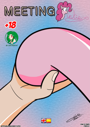Size: 1735x2440 | Tagged: safe, artist:otakon, pinkie pie, human, comic:meeting pinkie, g4, commission, cover, female, hand, holding hands, holding hooves, hooves, human male, male