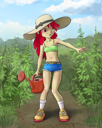 Size: 858x1080 | Tagged: safe, artist:vyazinrei, apple bloom, human, equestria girls, g4, armpits, belly button, clothes, cottagecore, cute, denim shorts, female, freckles, hat, jeans, midriff, open mouth, pants, shoes, short shirt, shorts, sneakers, socks, solo, sun hat, teenager, tomboy, watering can, worker