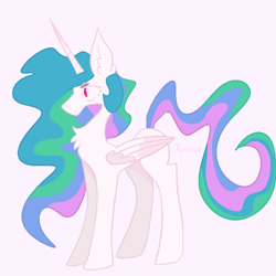 Size: 900x900 | Tagged: safe, artist:php163, derpibooru exclusive, princess celestia, alicorn, pony, g4, big ears, chest fluff, digital art, ear fluff, eye shimmer, female, flowing mane, folded wings, full body, horn, large wings, long horn, looking offscreen, mare, no armor, no mouth, paint tool sai, profile, sai, simple background, solo, wavy mane, wings