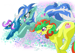 Size: 812x574 | Tagged: safe, artist:jb-pawstep, lemon treats, mint dreams, sugar apple, pony, g1, 2011, candy cane pony, happy, licking, licking lips, running, simple background, tongue out, transparent background