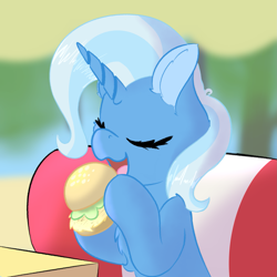 Size: 1889x1889 | Tagged: safe, artist:jubyskylines, trixie, pony, unicorn, g4, burger, chest fluff, cute, diatrixes, ear fluff, eating, eyes closed, female, food, hay burger, herbivore, mare, open mouth, solo