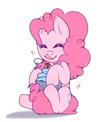 Size: 1224x1472 | Tagged: safe, artist:mariigoldenn, pinkie pie, earth pony, pony, g4, cupcake, cute, diapinkes, eyes closed, female, food, heart, licking, licking lips, mare, simple background, sitting, smiling, solo, tongue out, transparent background